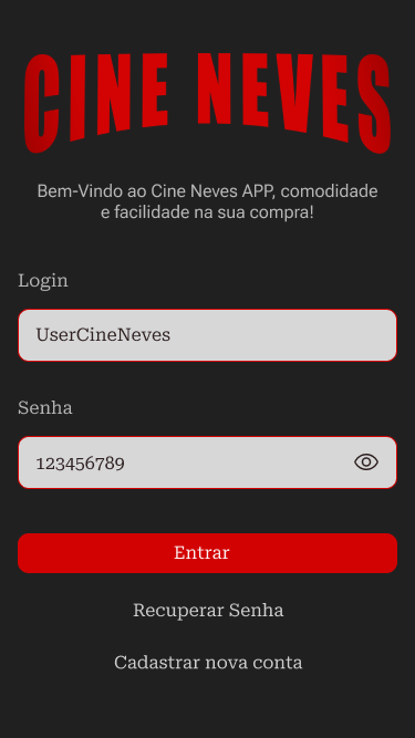 Tela final de login do Cine Neves com dados preenchidos