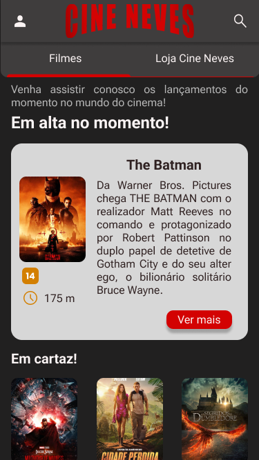Mockup de alta fidelidade da tela inicial do Cine Neves depois do estudo de usabilidade