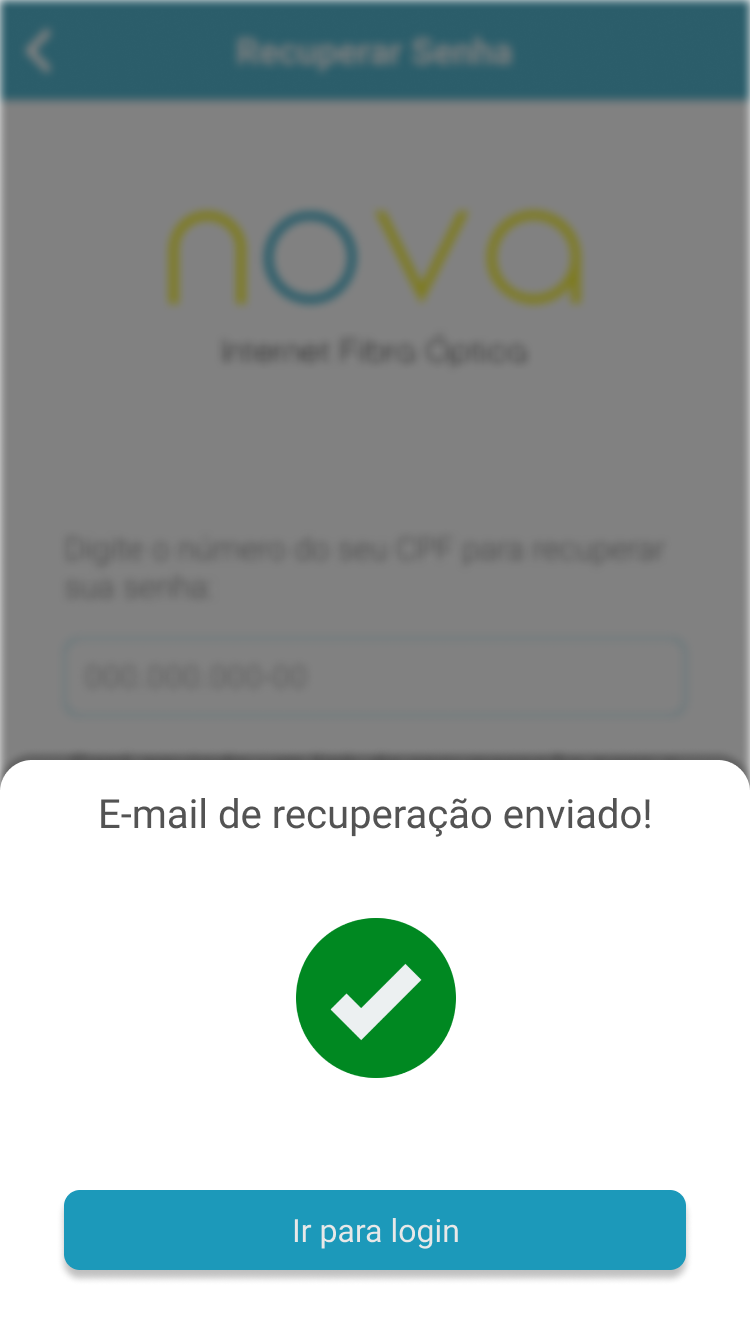 Modal de confirmação de e-mail de recuperação enviado