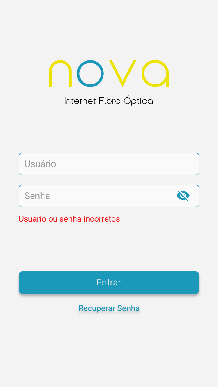 Tela de login exibindo o erro usuário ou senha incorretos