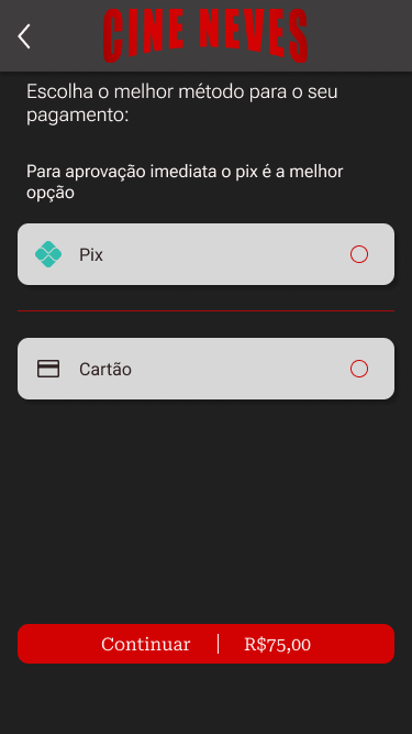 Tela final de escolha do método de pagamento