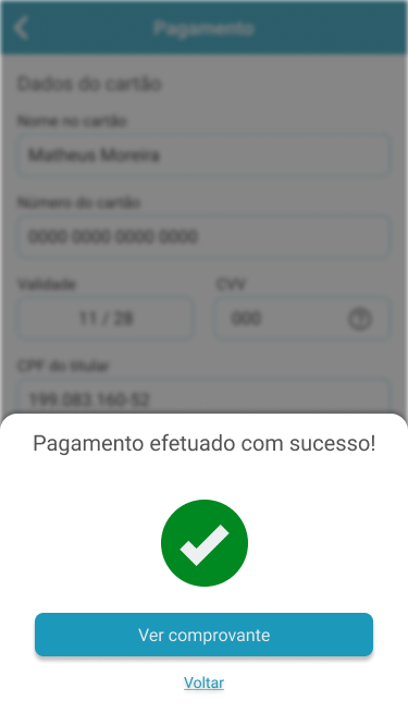 Modal confirmando que o pagamento foi efetuado com sucesso