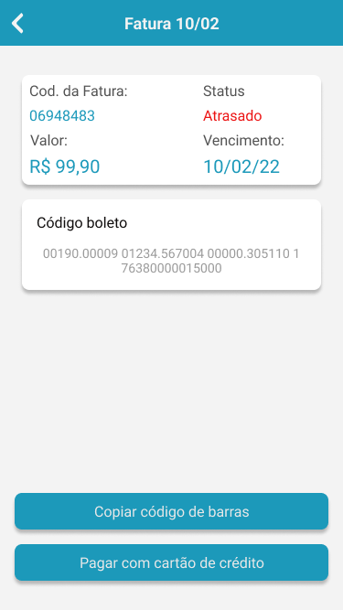 Tela de fatura atrasada com código de boleto e botões de ação