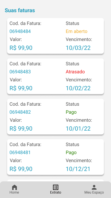 Tela de extrato com a lista Suas faturas exibindo status em aberto, atrasado e pago