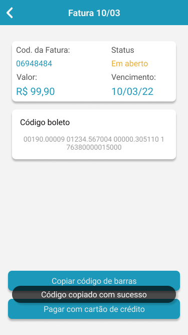 Toast de código copiado com sucesso sobre a fatura em aberto