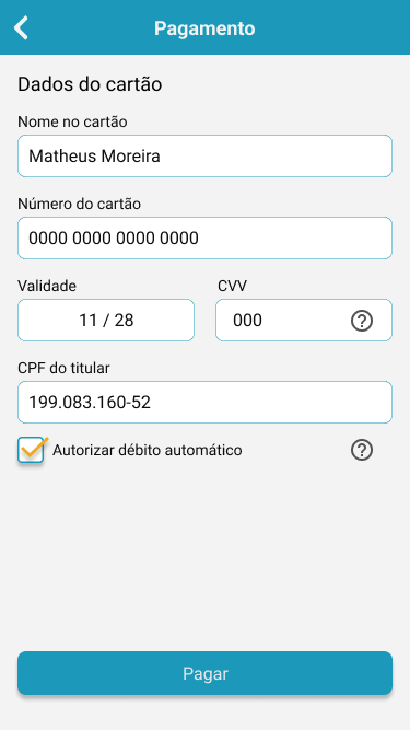 Tela de pagamento com a opção Autorizar débito automático marcada
