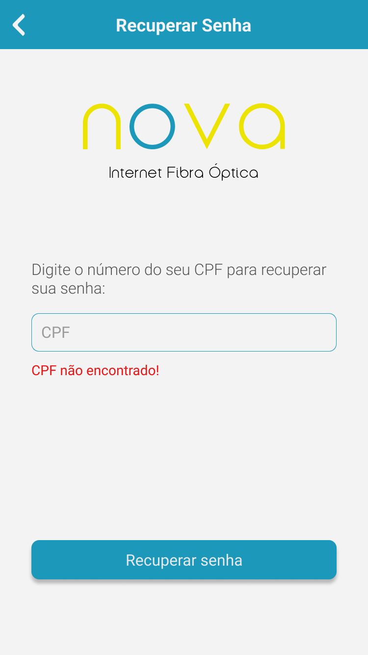 Tela de recuperação de senha exibindo o erro CPF não encontrado