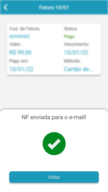 Modal confirmando que a nota fiscal foi enviada para o e-mail, com botão Voltar