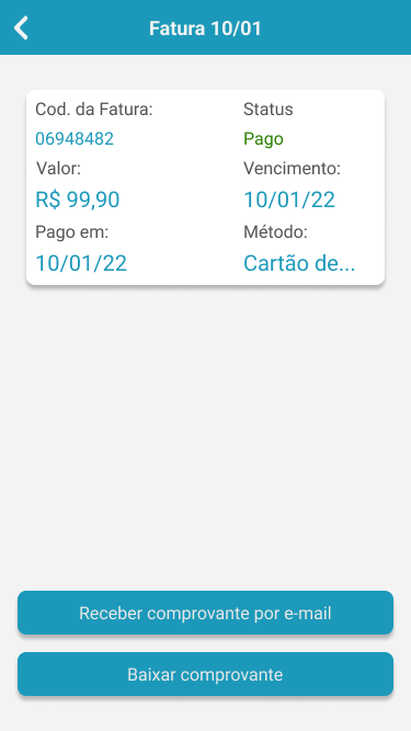 Tela de fatura paga com data de pagamento, método do cartão e botões de comprovante