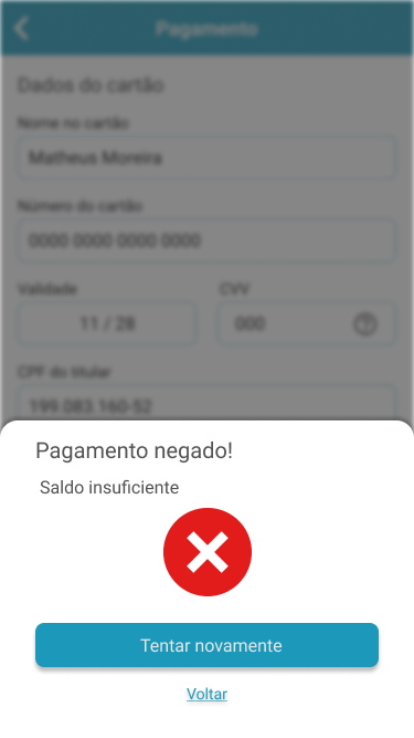 Modal de pagamento negado por saldo insuficiente, com botão Tentar novamente