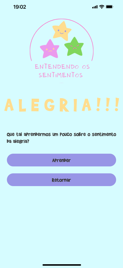 Tela de escolha da historinha sobre o sentimento alegria