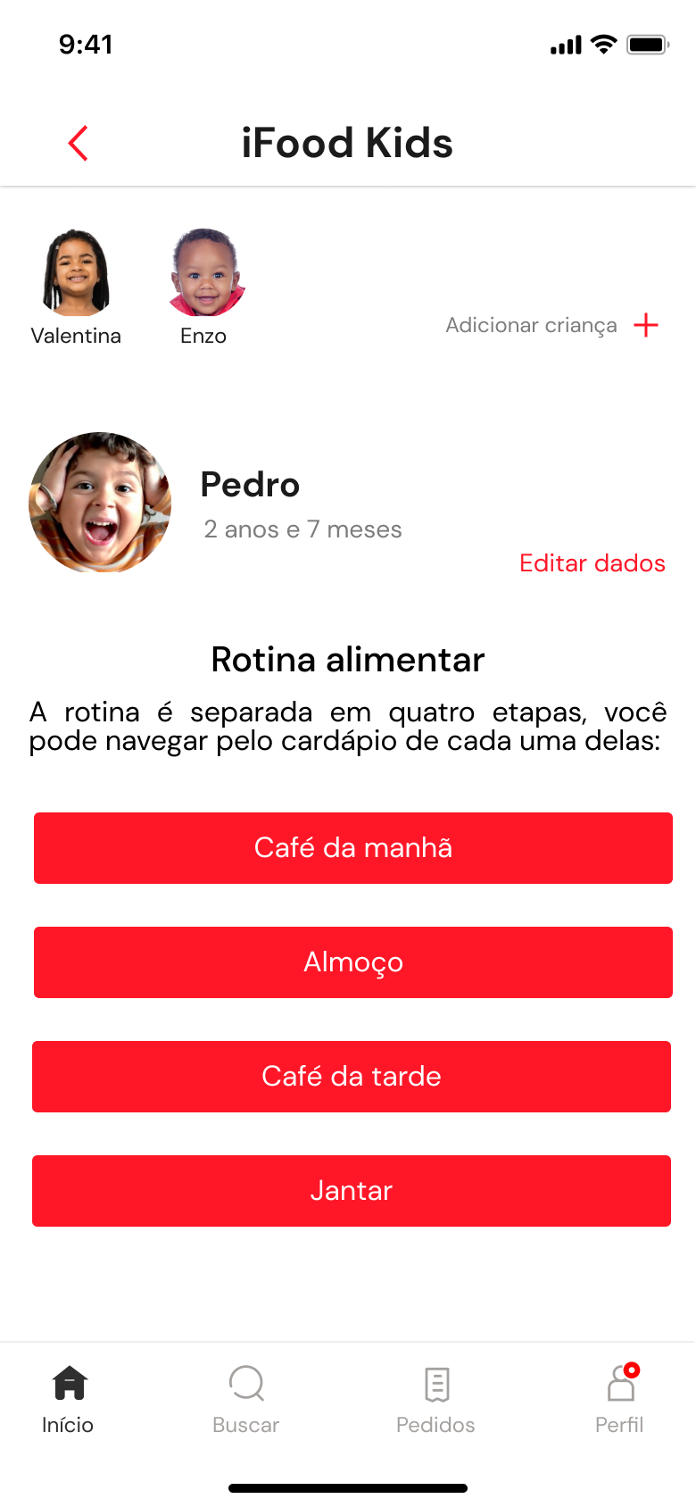 Lista com várias crianças e o Pedro selecionado