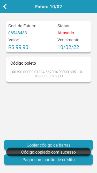 Toast de código copiado com sucesso sobre a fatura atrasada