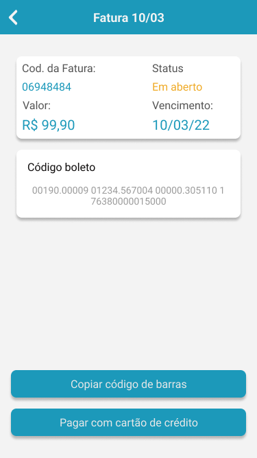 Tela de fatura em aberto com código de boleto e botões para copiar código ou pagar com cartão