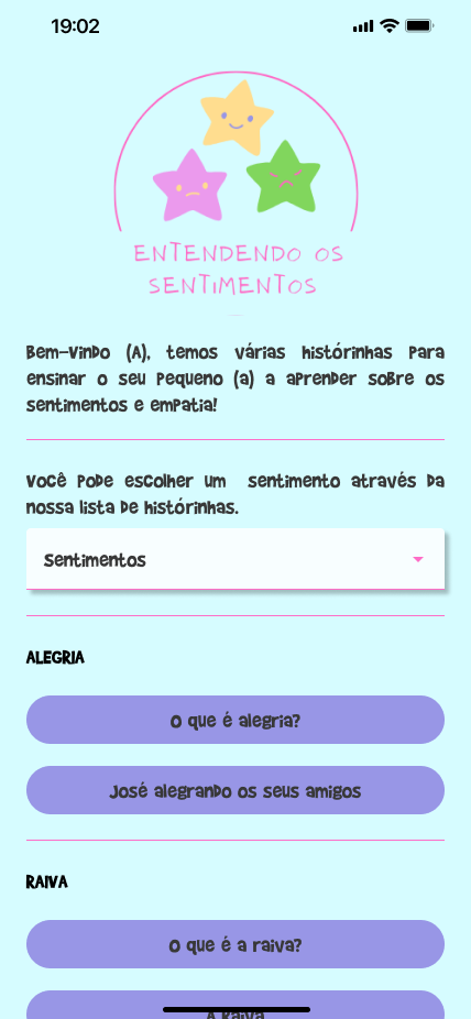 Tela inicial 'Bem-Vindo' com a lista de sentimentos ALEGRIA e RAIVA