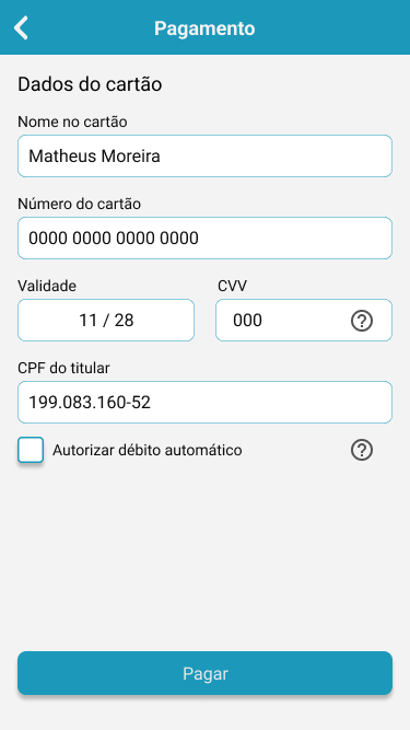 Tela de pagamento com cartão preenchida e botão Pagar habilitado