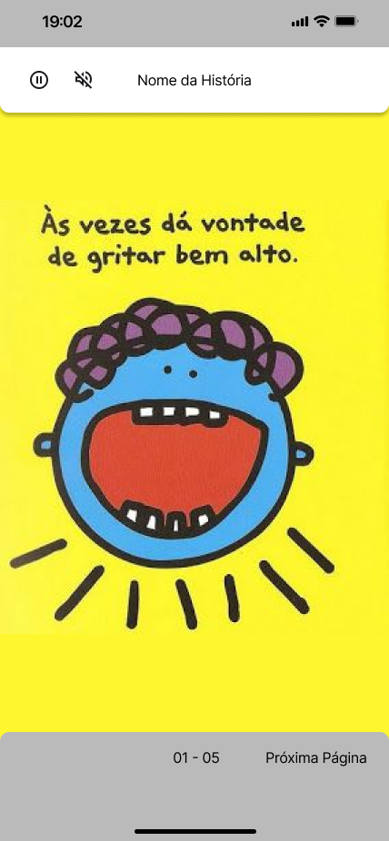 Tela ilustrada da história com personagem azul