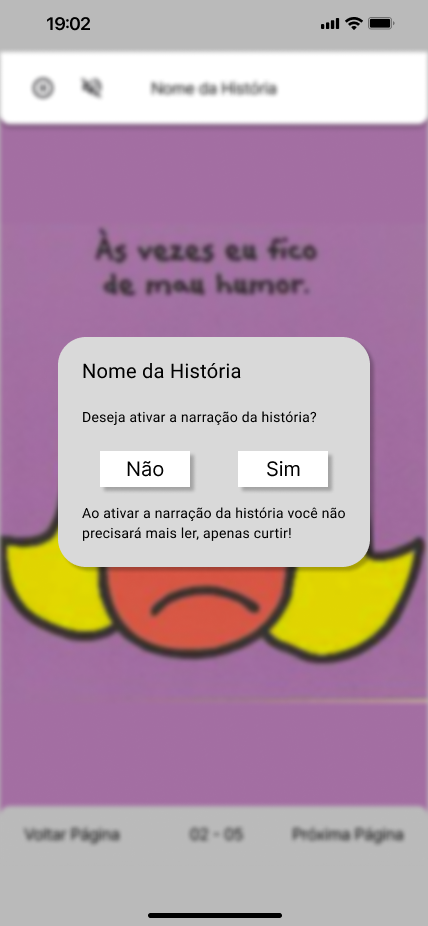Tela roxa da história com modal de narração