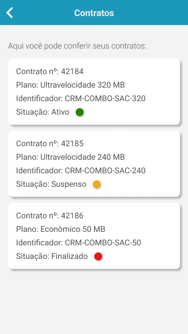 Tela Contratos com três contratos listados: n° 42184 Ultravelocidade 320 MB ativo, n° 42185 Ultravelocidade 240 MB suspenso e n° 42186 Econômico 50 MB finalizado, com indicadores verde, amarelo e vermelho
