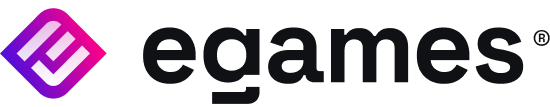 Logotipo eGames na versão positiva, com símbolo e texto em preto para fundos claros