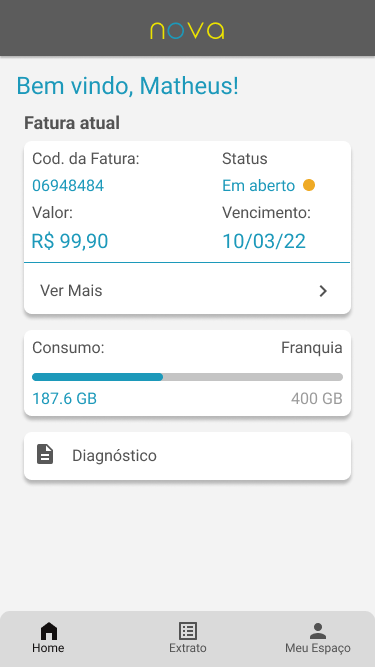 Tela inicial da Nova Telecom com boas-vindas, fatura atual, consumo de franquia e atalho de diagnóstico