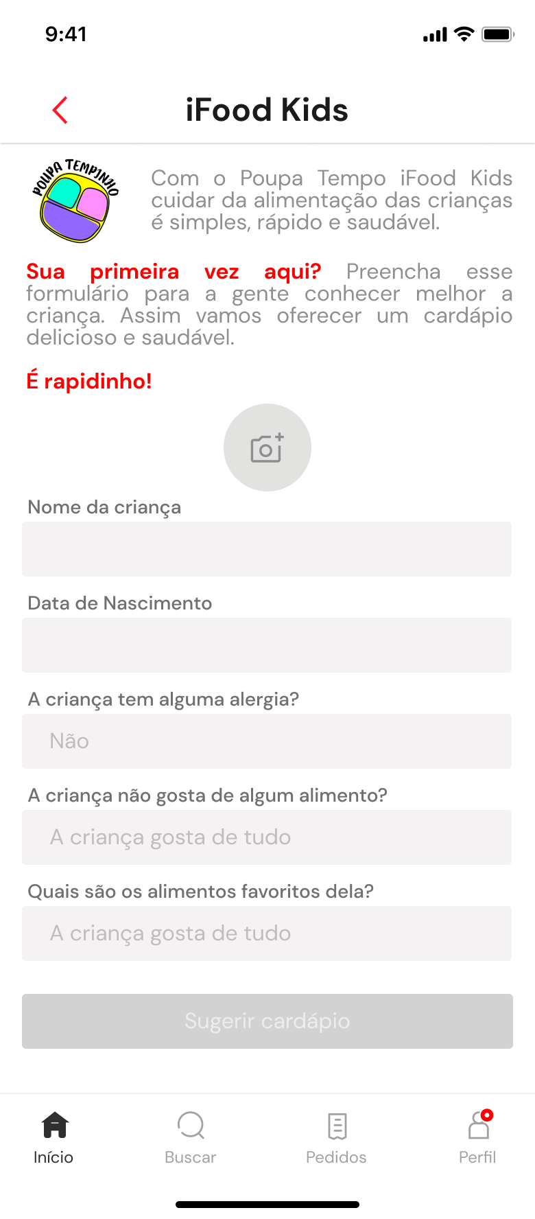 Formulário de cadastro da criança em branco