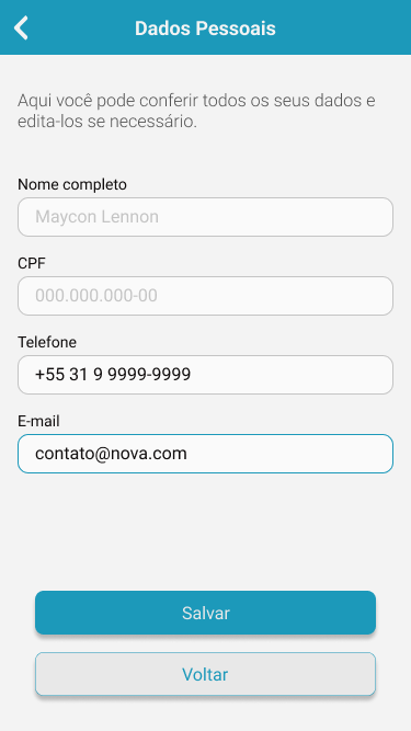 Tela Dados Pessoais com o campo de e-mail em foco, exibindo o endereço preenchido