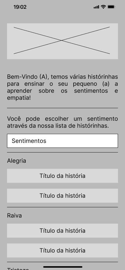 Tela inicial de boas-vindas com a lista de sentimentos