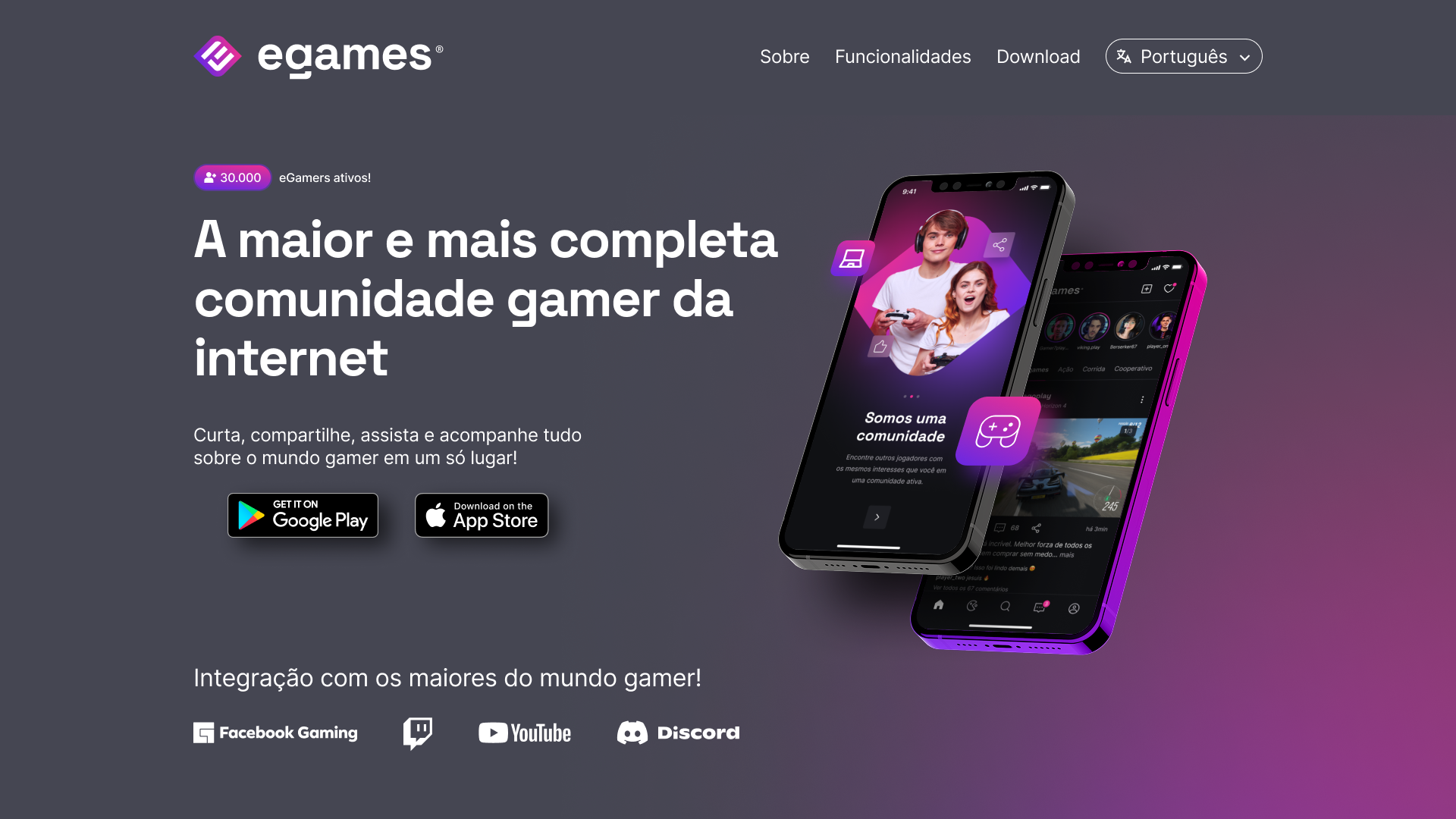 Seção hero da landing page eGames com o título A maior e mais completa comunidade gamer da internet e dois celulares exibindo o aplicativo