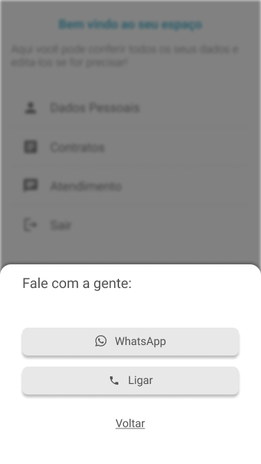 Folha inferior Fale com a gente sobre o menu do Meu Espaço, com botões WhatsApp, Ligar e Voltar