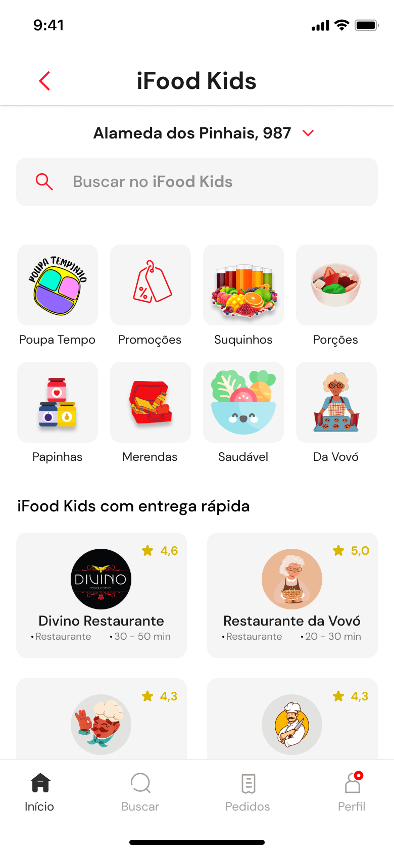 Tela inicial do iFood Kids com categorias e restaurantes