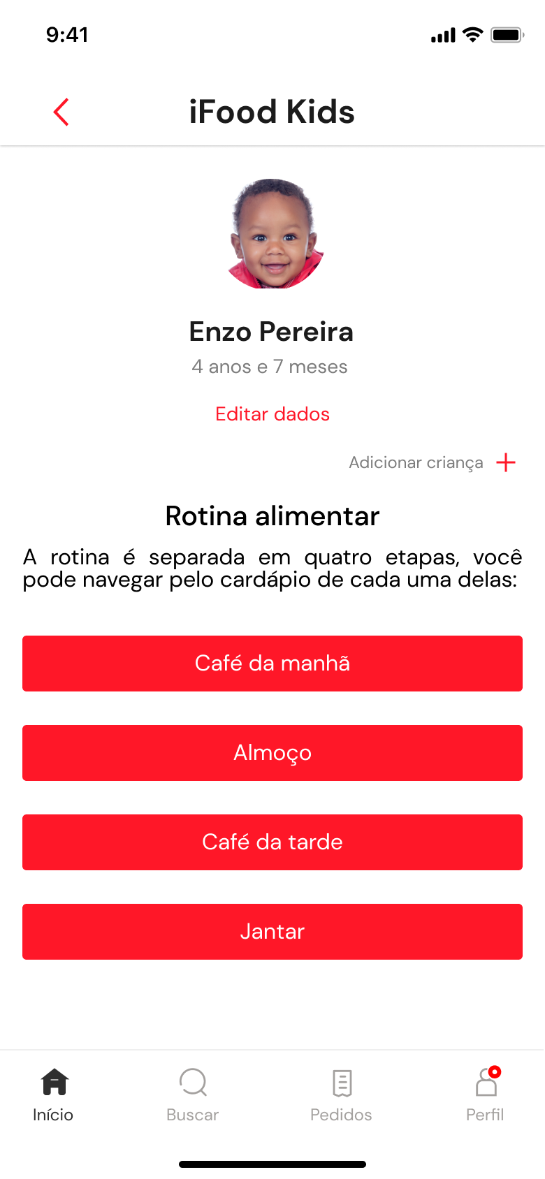 Perfil do Enzo com a rotina alimentar dividida por refeições