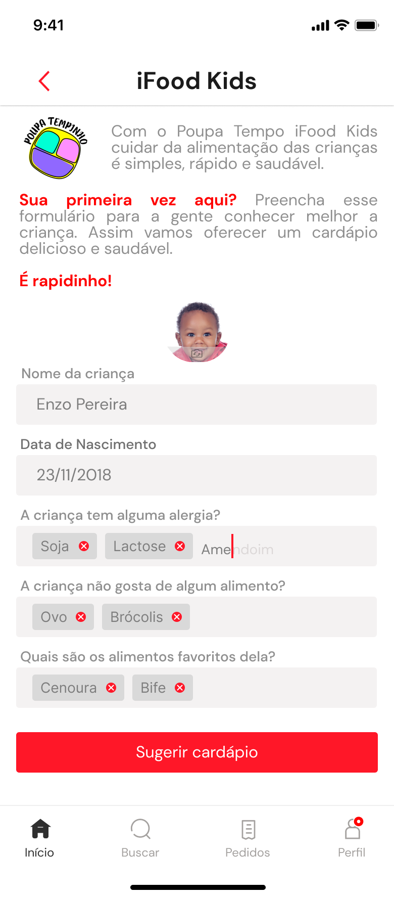 Formulário de cadastro da criança preenchido