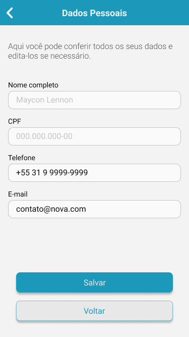 Tela Dados Pessoais com campos de nome completo, CPF, telefone e e-mail, e botões Salvar e Voltar