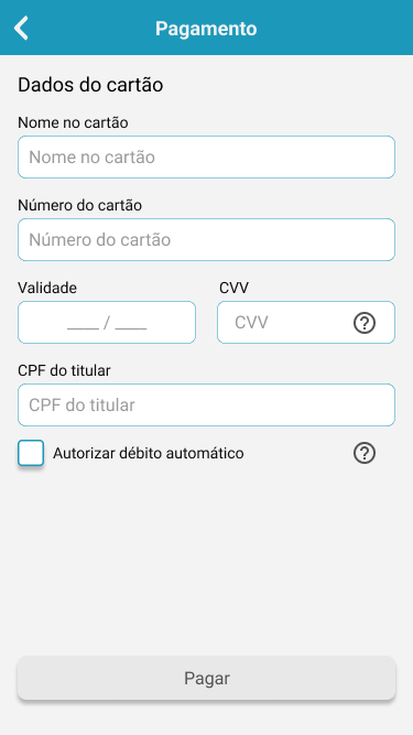 Tela de pagamento com cartão com os campos Nome no cartão, Número do cartão, Validade, CVV e CPF do titular vazios