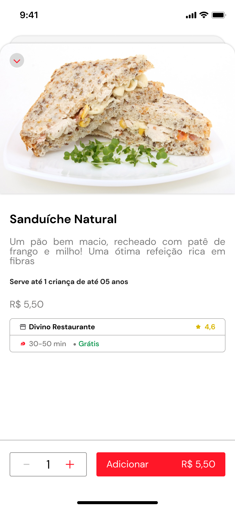 Detalhe do sanduíche natural com preço e restaurante