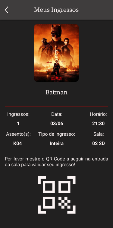 Mockup de alta fidelidade do ingresso com detalhes da sessão e QR Code