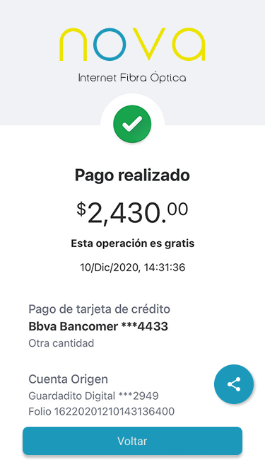 Comprovante de pagamento realizado com logo nova, valor, data, método do cartão de crédito e botão Voltar