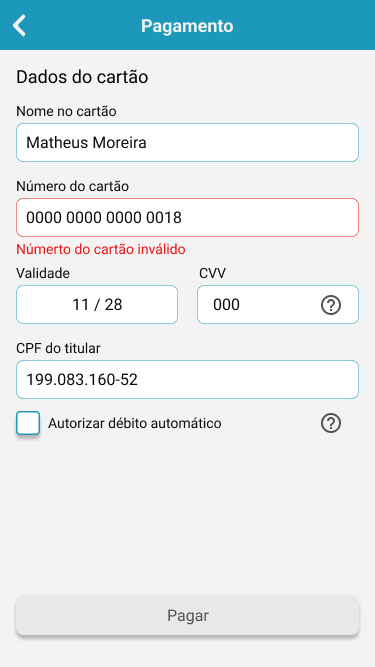 Tela de pagamento com cartão exibindo o erro número do cartão inválido em vermelho