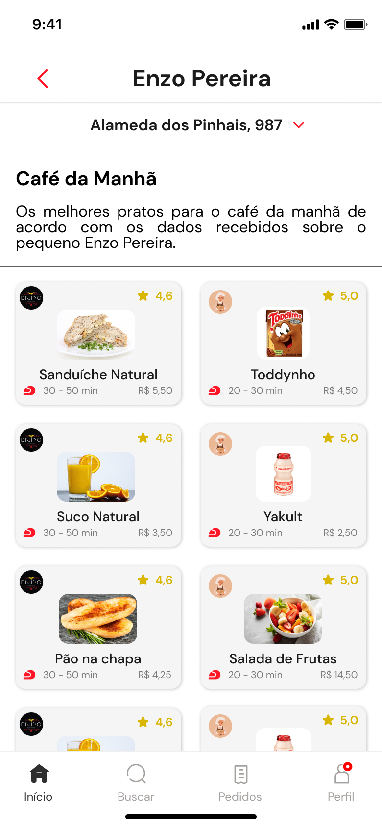 Cardápio personalizado do café da manhã